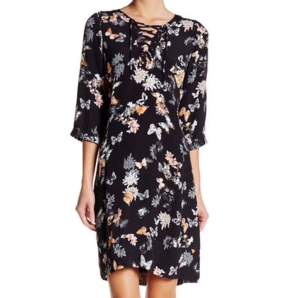 The Kooples Black Lace-Up Butterfly Floral 3/4 Sleeve Shift Tunic Dress Size 2